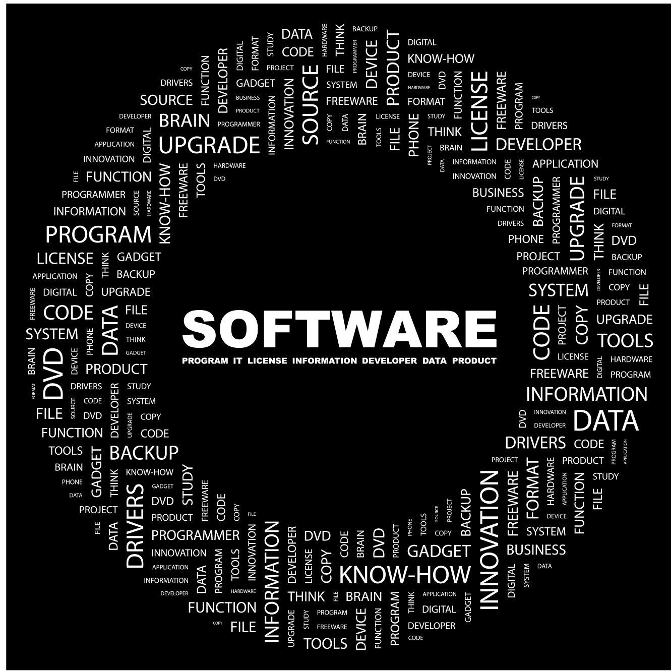 Ett ihåligt ordmoln med ord som "program", "upgrade" och "data", med texten "software" i mitten, digital illustration.