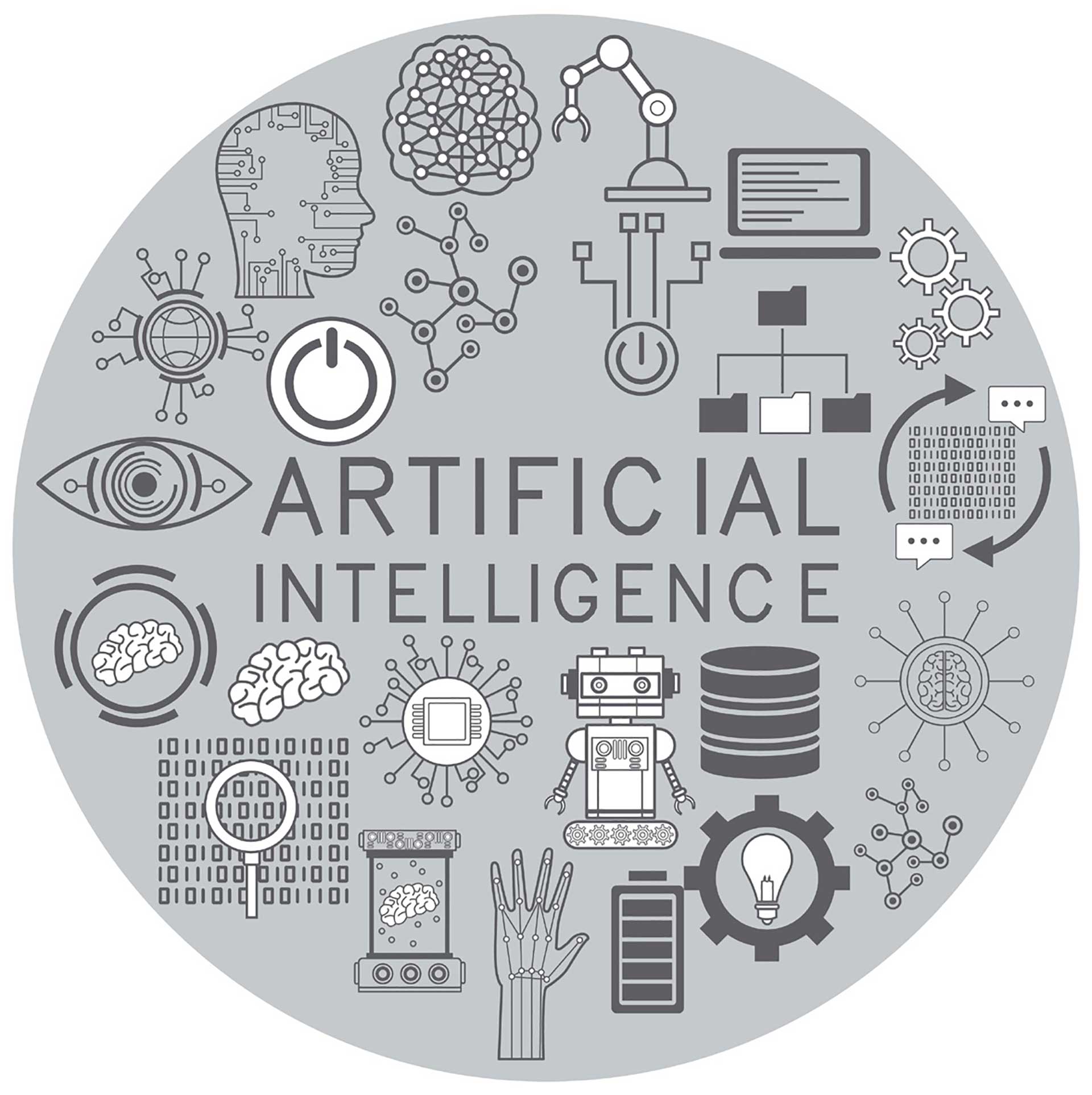 En serie ikoner placerade i en cirkel, såsom en hjärna, kugghjul, mappar, data, robot med mera, och texten "artificiell intelligens" i mitten, digital illustration.