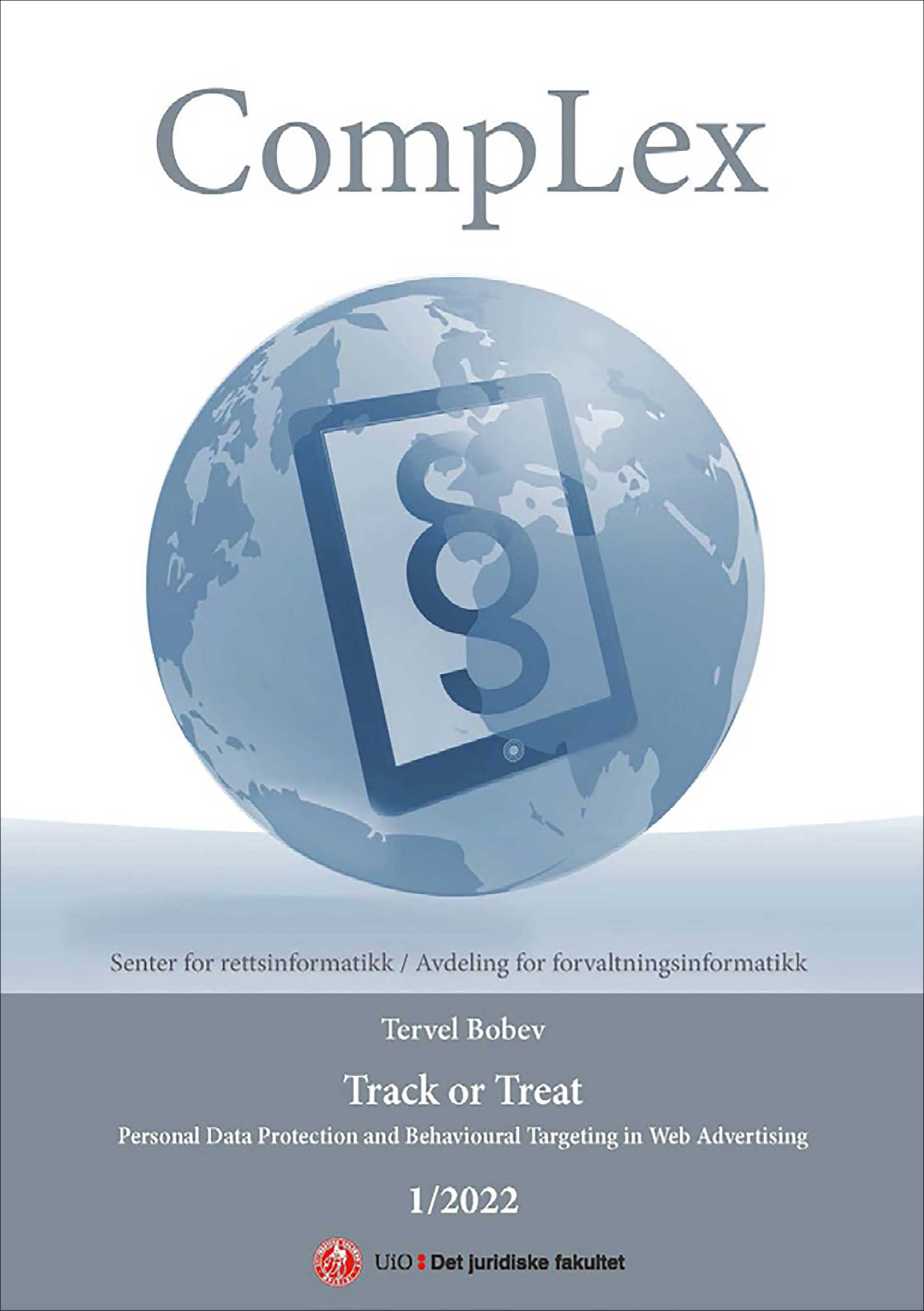 Book cover with a globe and a tablet in front that has a paragraph mark on the screen, digital illustration.