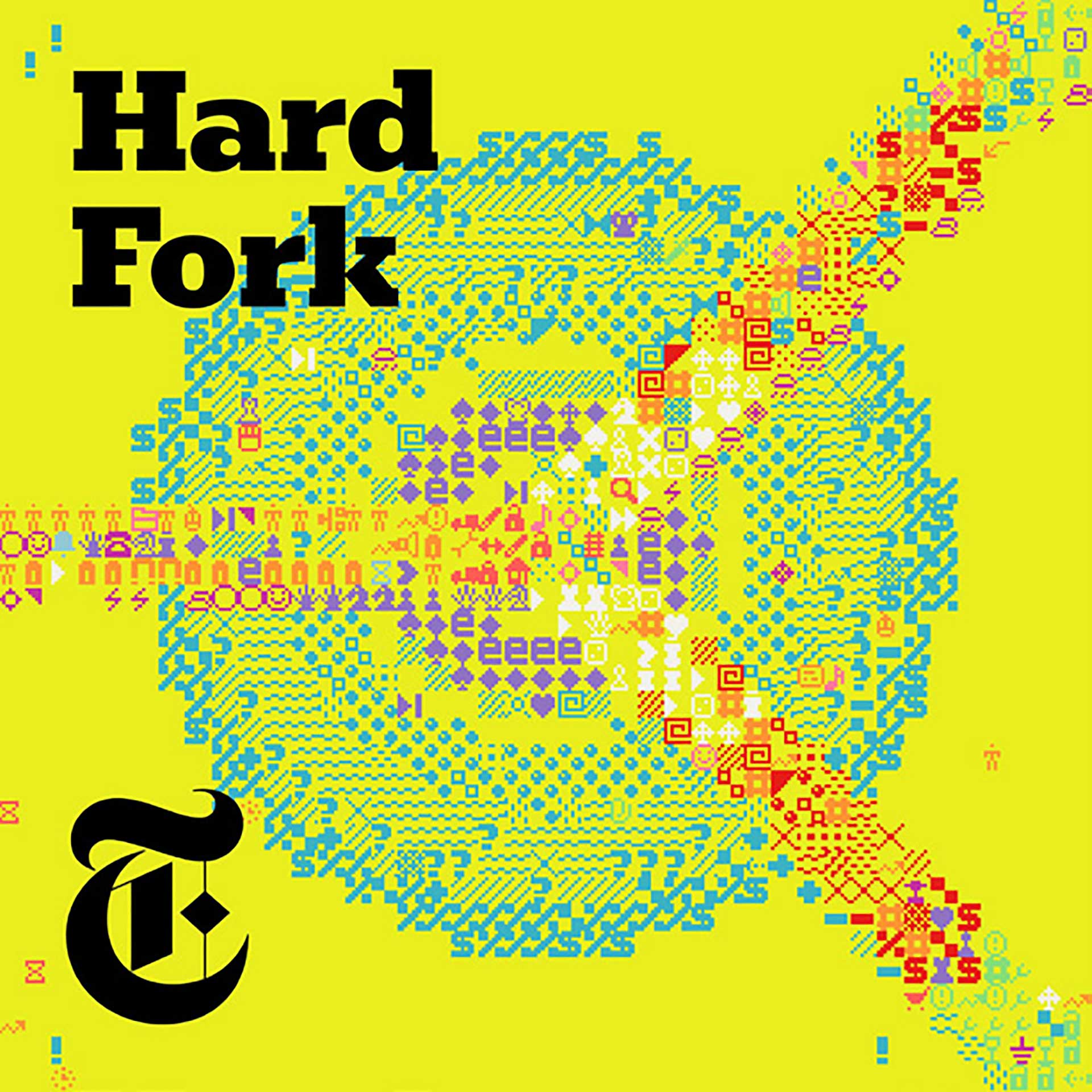 Podcast cover in yellow with a grid of many symbols in different colors, digital illustration.