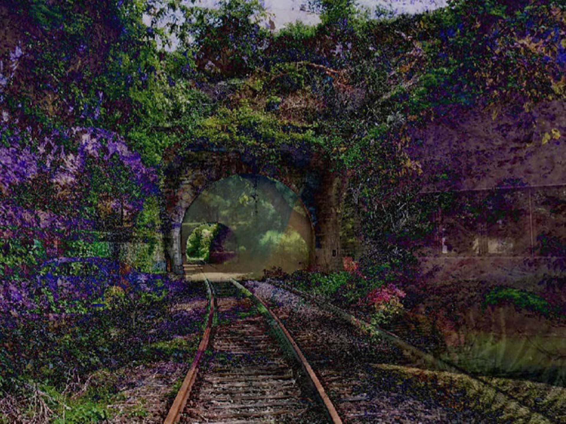 Et togspor og tunnel i frodige omgivelser med grønne vekster og lilla blomster, digital illustrasjon.