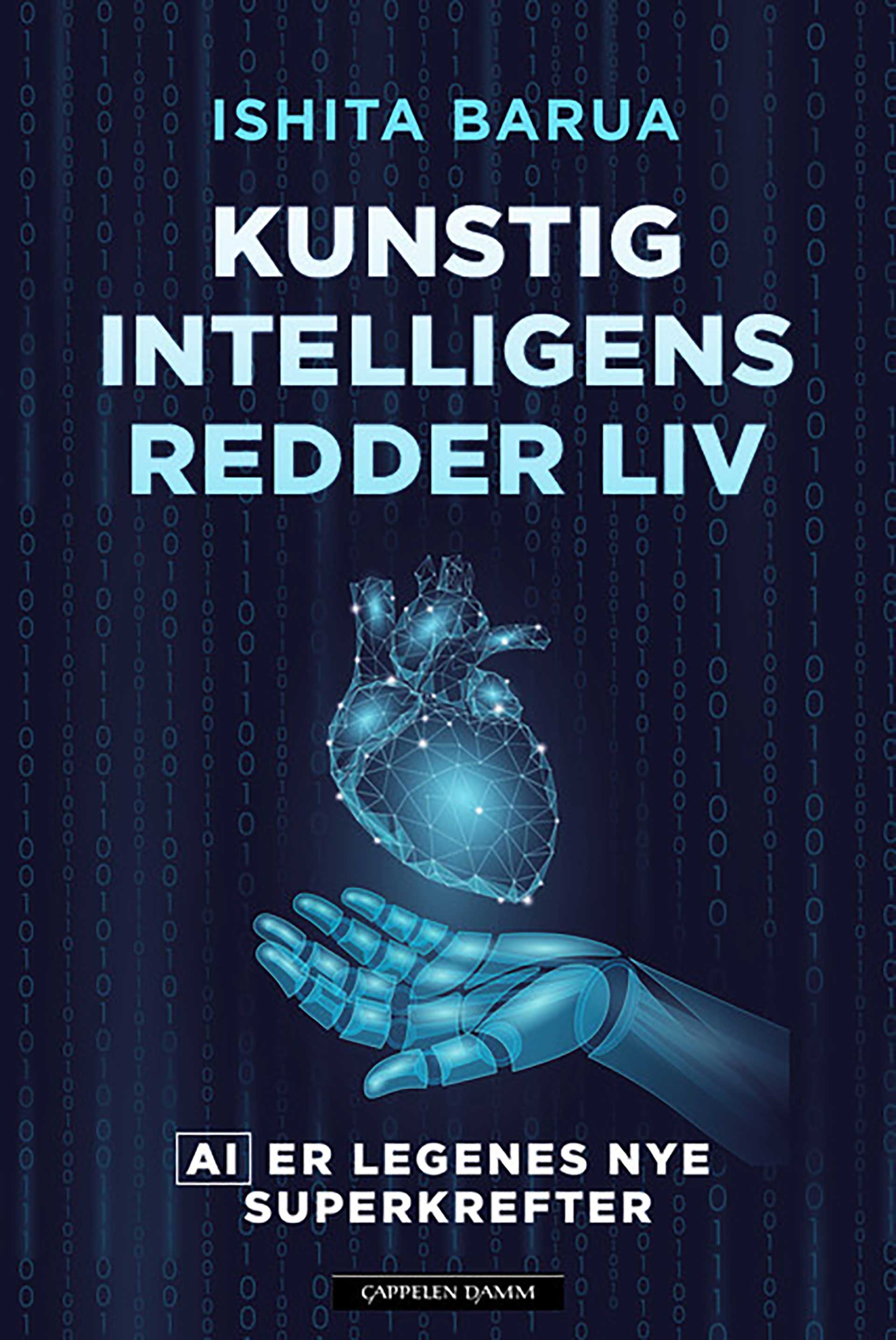 Book cover with a human heart hovering over a robot hand, digital illustration.