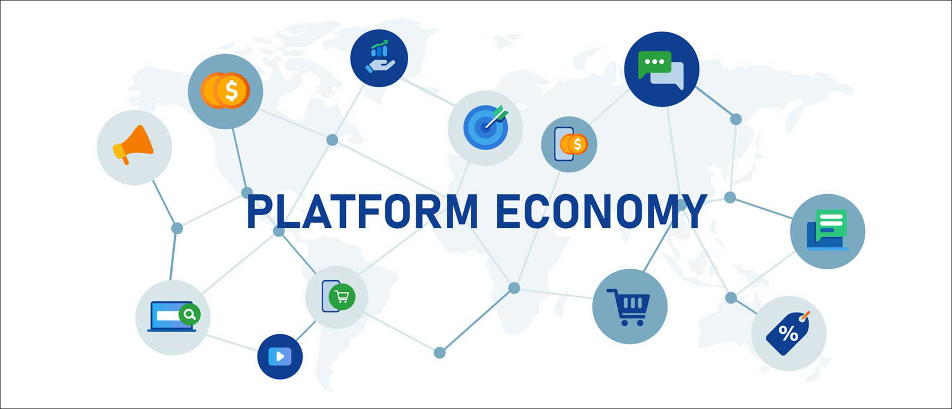 Bobler med ulike symboler i seg som er knyttet sammen, over et verdenskart og teksten «platform economy» i midten, digital illustrasjon.