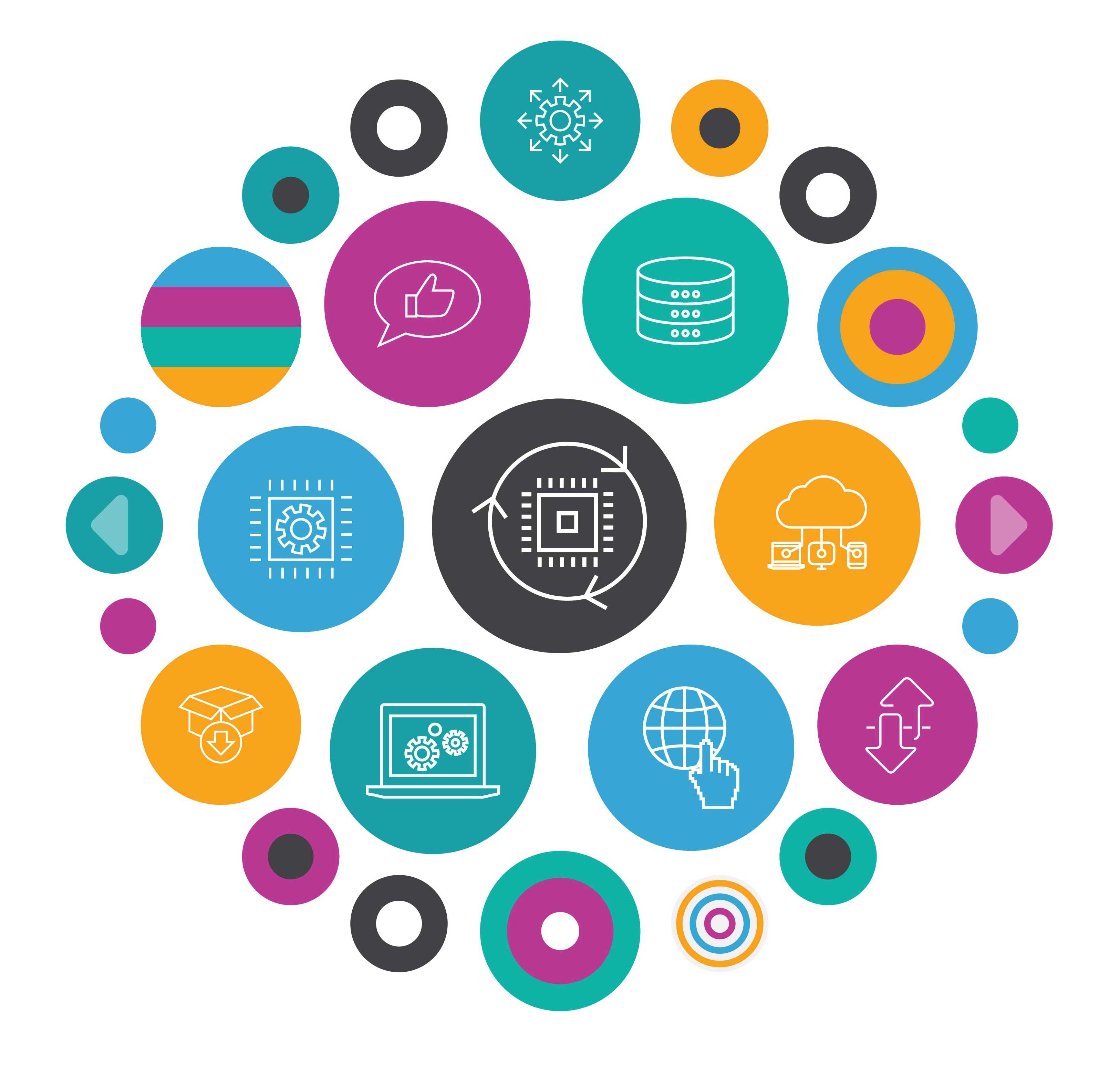 En cirkel sammensat af flere små cirkler i forskellige farver og med forskellige computersymboler, digital illustration.