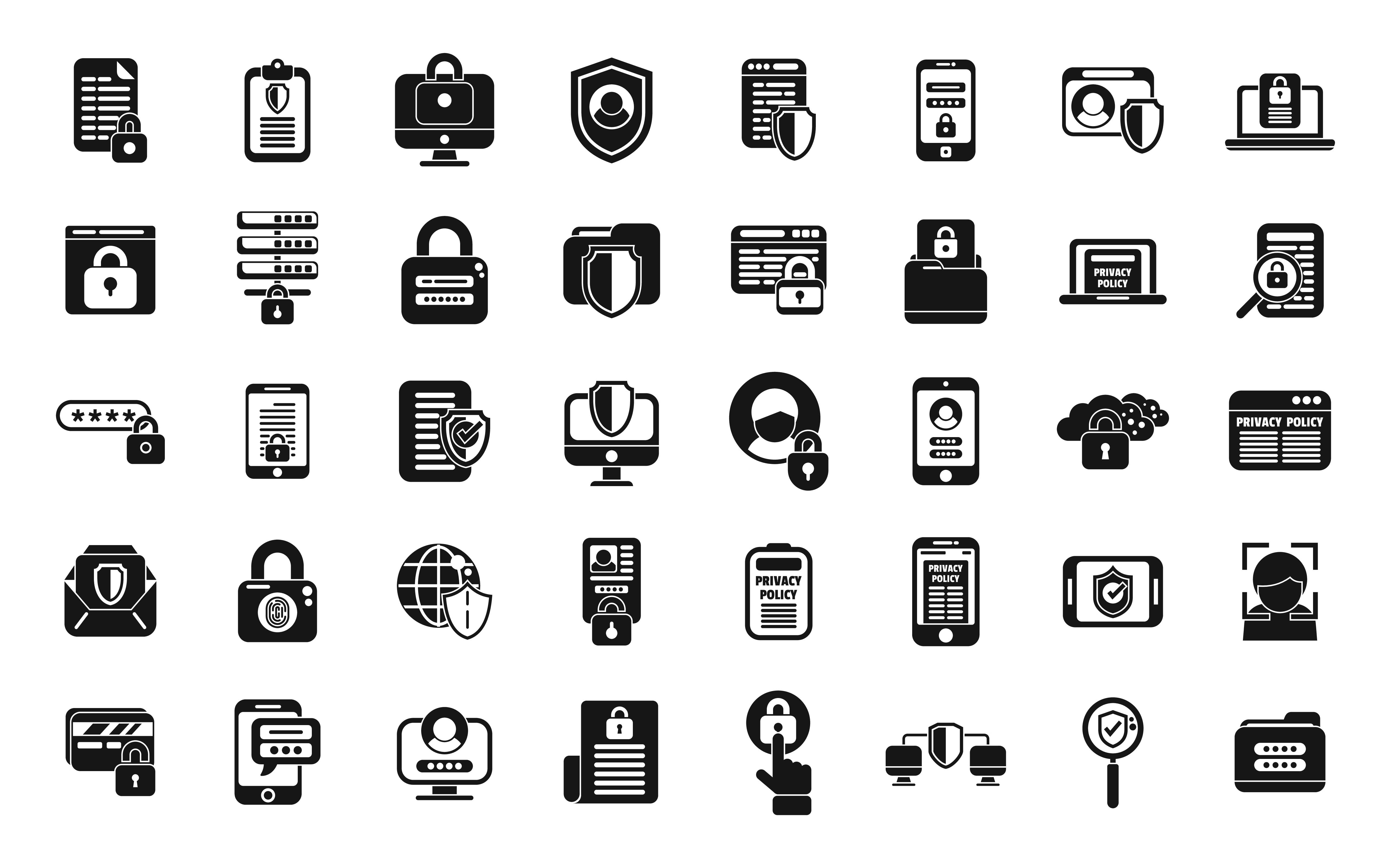 En samling af mange forskellige ikoner såsom mobiler, hængelåse, skjolde, forstørrelsesglas og mere, i sort på hvid baggrund, digital illustration.