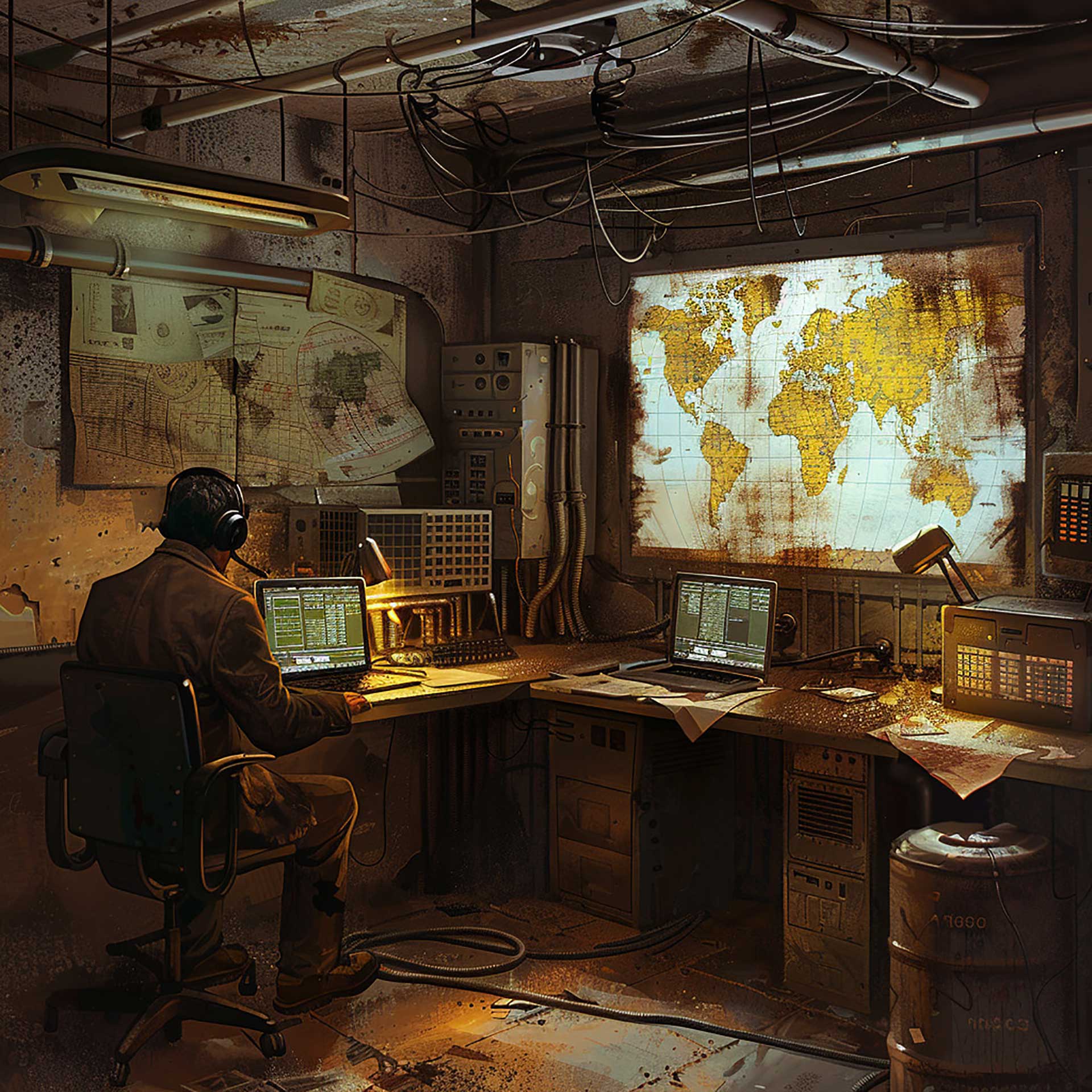 En mann som sitter på et mørkt kontor med datamaskiner og et stort kart på veggen, digital illustrasjon.
