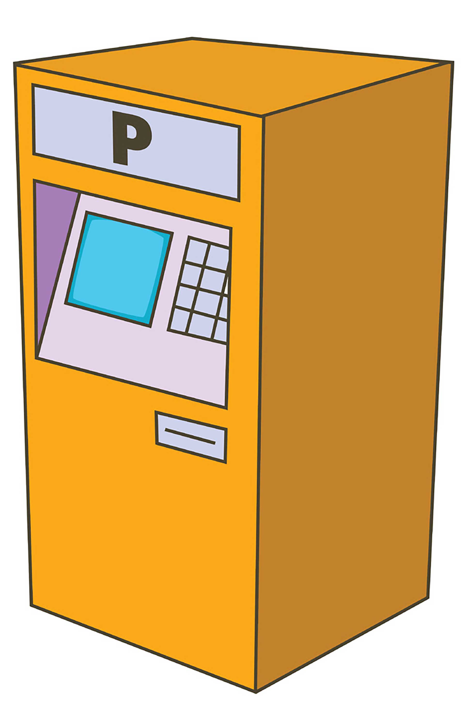 Orange betalingsautomat med teksten "P", der angiver parkering, digital illustration.