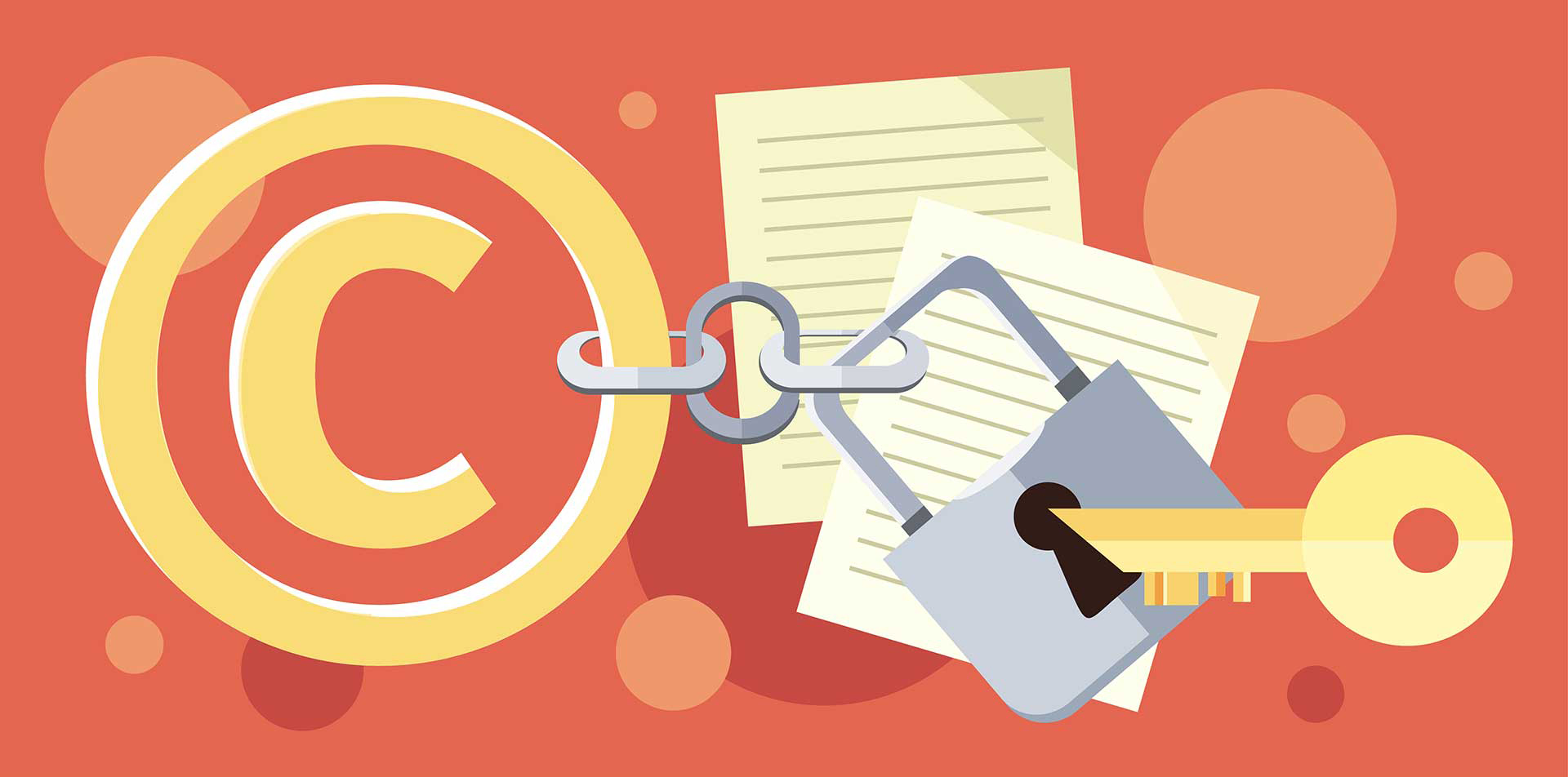 Et C-logo, der angiver 'copyright', lænket til en samling papirer med en hængelås og en nøgle, digital illustration.