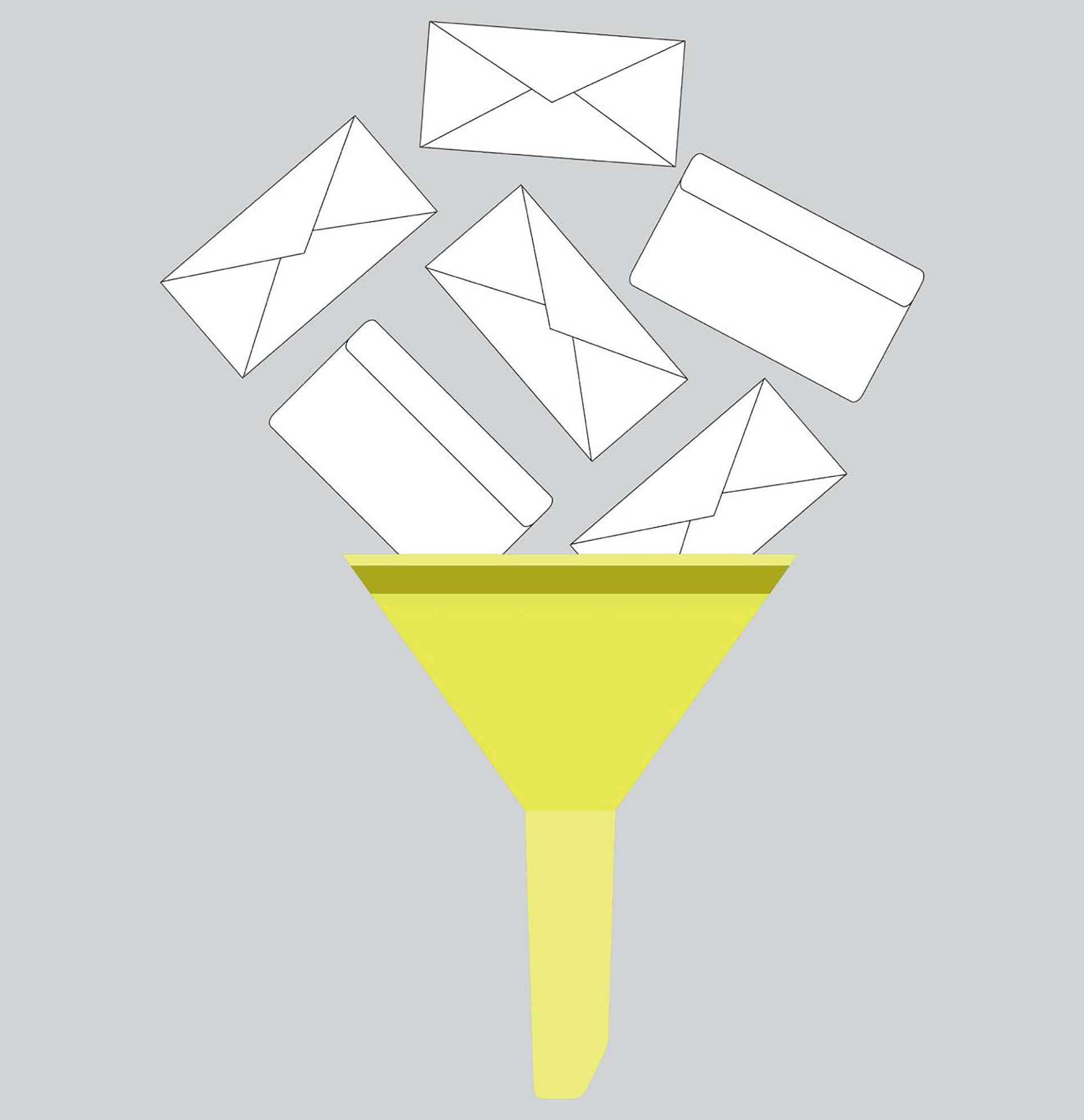Sex brevkuvert släpps i en gul tratt, digital illustration.