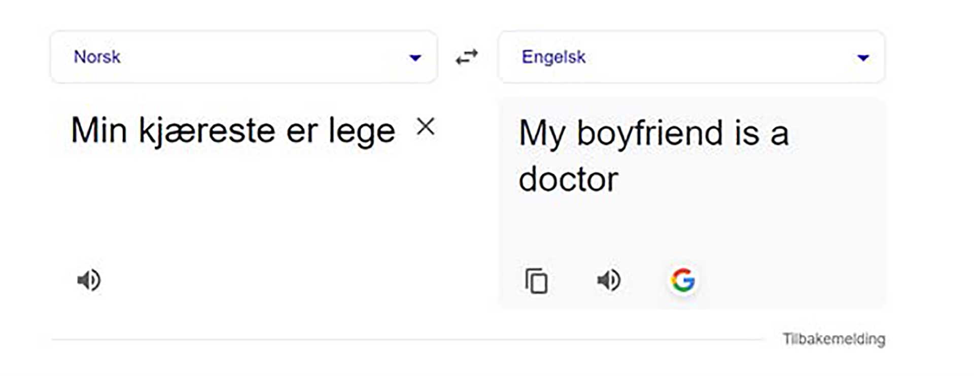 Bilde av en oversettelse fra norsk til engelsk av teksten «min kjæreste er lege», oversatt til «my boyfriend is a doctor», skjermbilde.