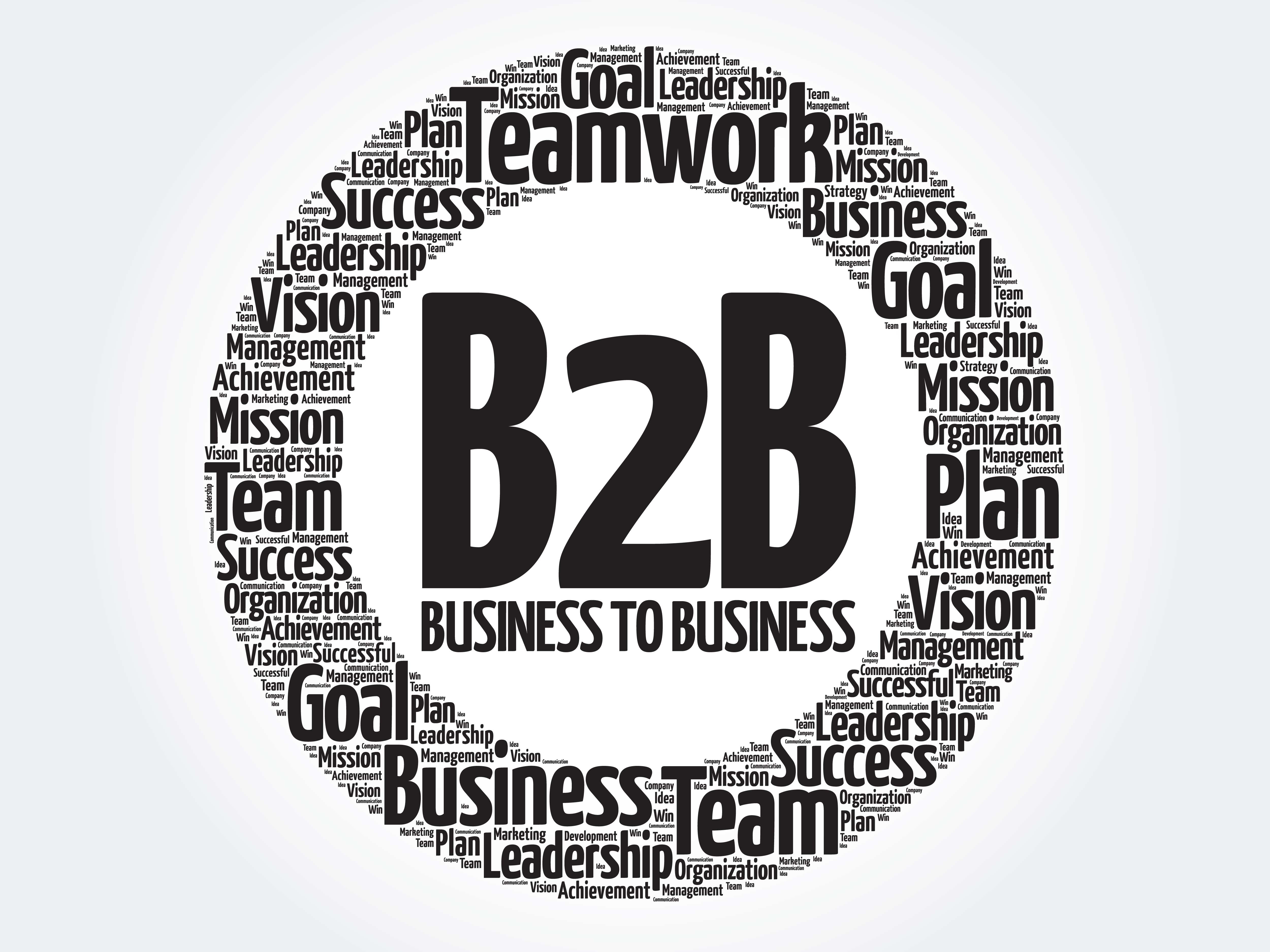En ordsky med ord som «business», «goal», team», «success», som danner en sirkel rundt teksten «B2B, business to business», digital illustrasjon.