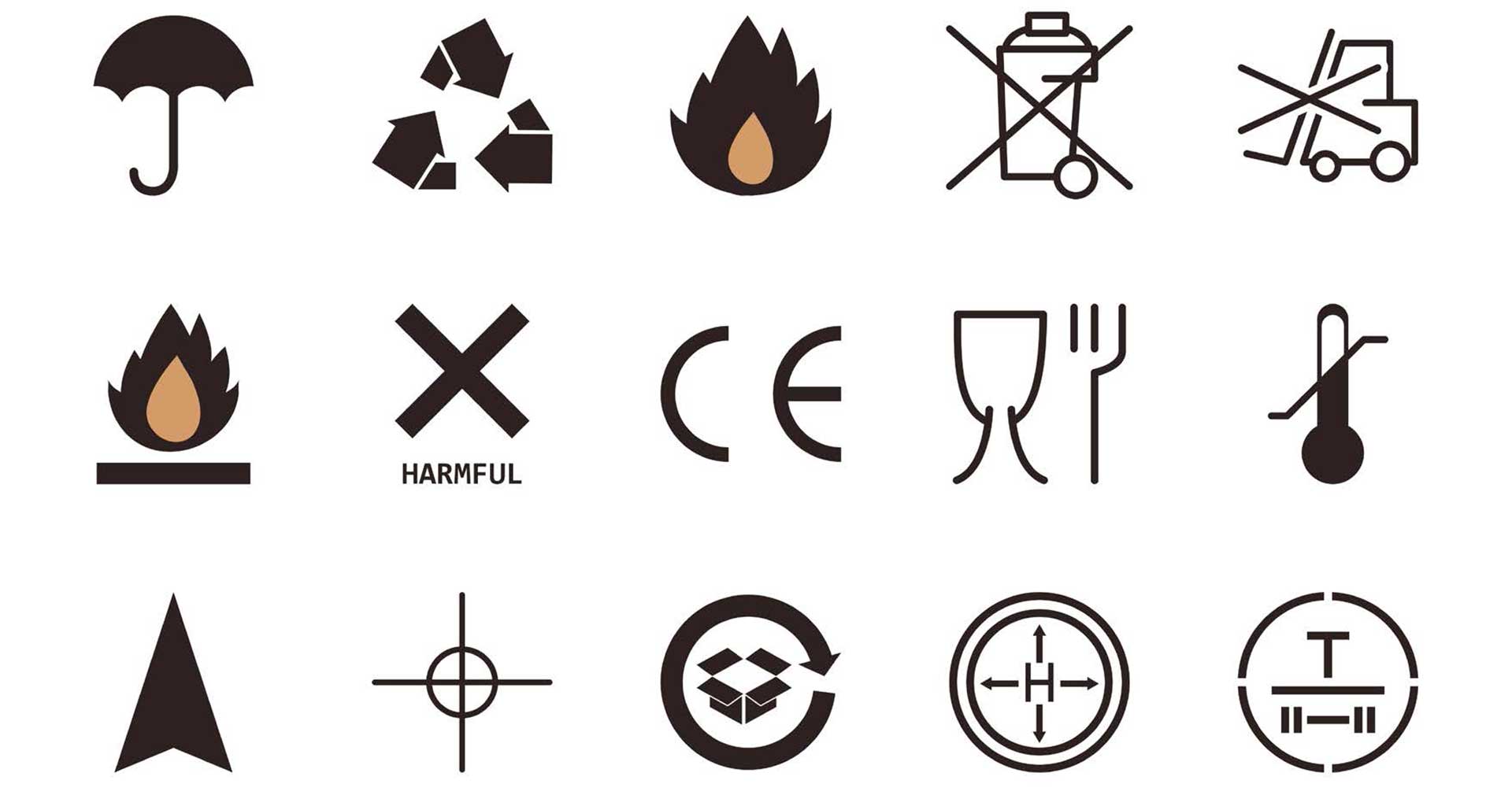 En samling ulike produktmerker, blant annet faresymboler, digital illustrasjon.