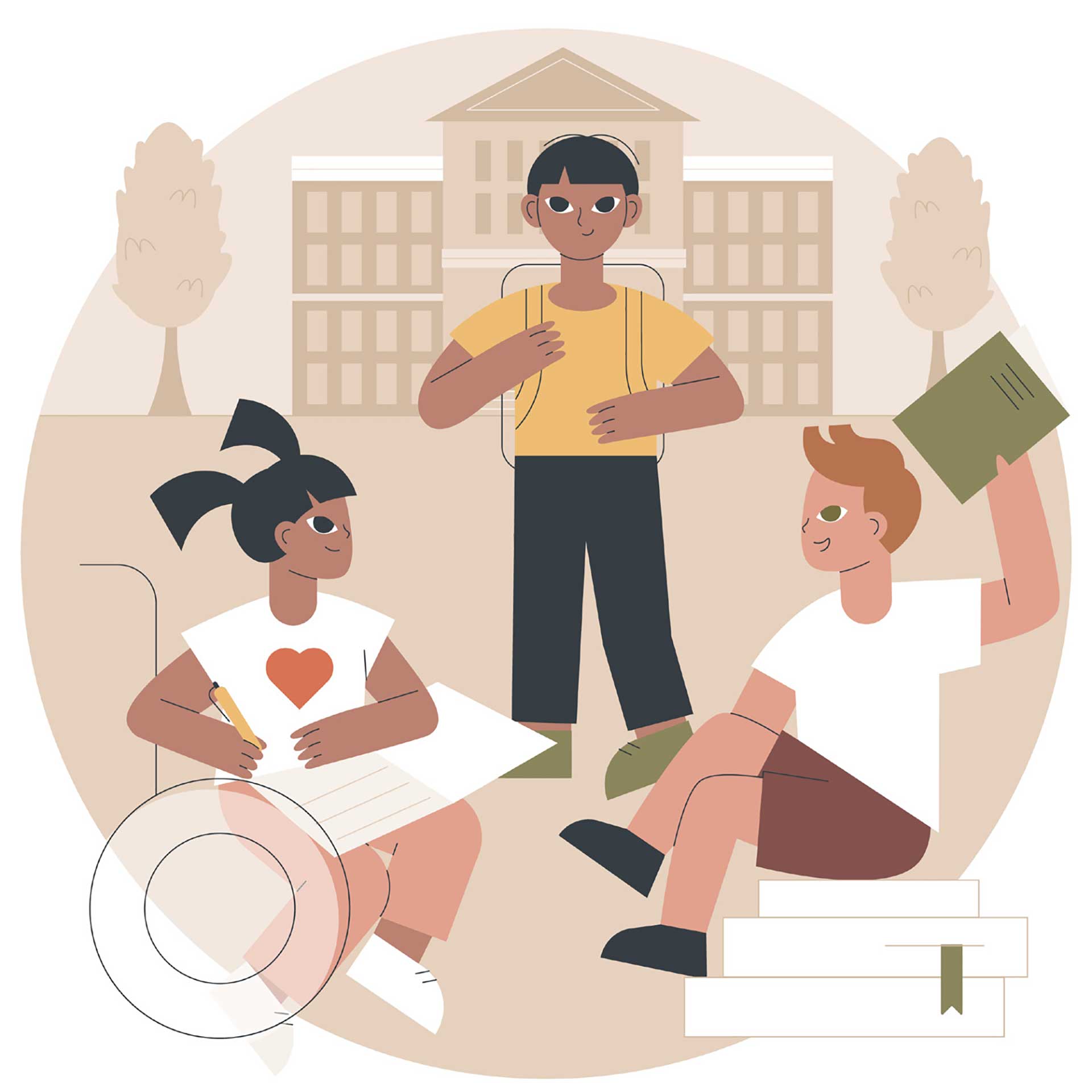 Tre unge personer som samhandler utenfor et skolelignende bygg, med bøker og papir, digital illustrasjon.